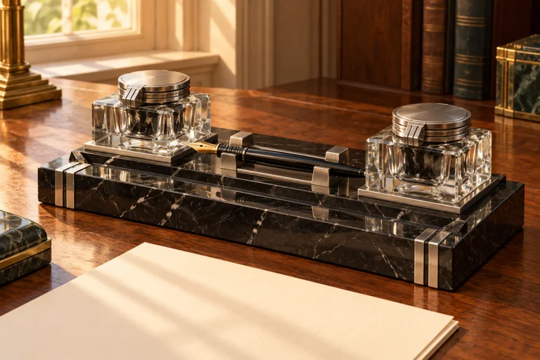AI illustration of an Art Deco desk set with two glass inkwells, silver-colored lids and a black stone base