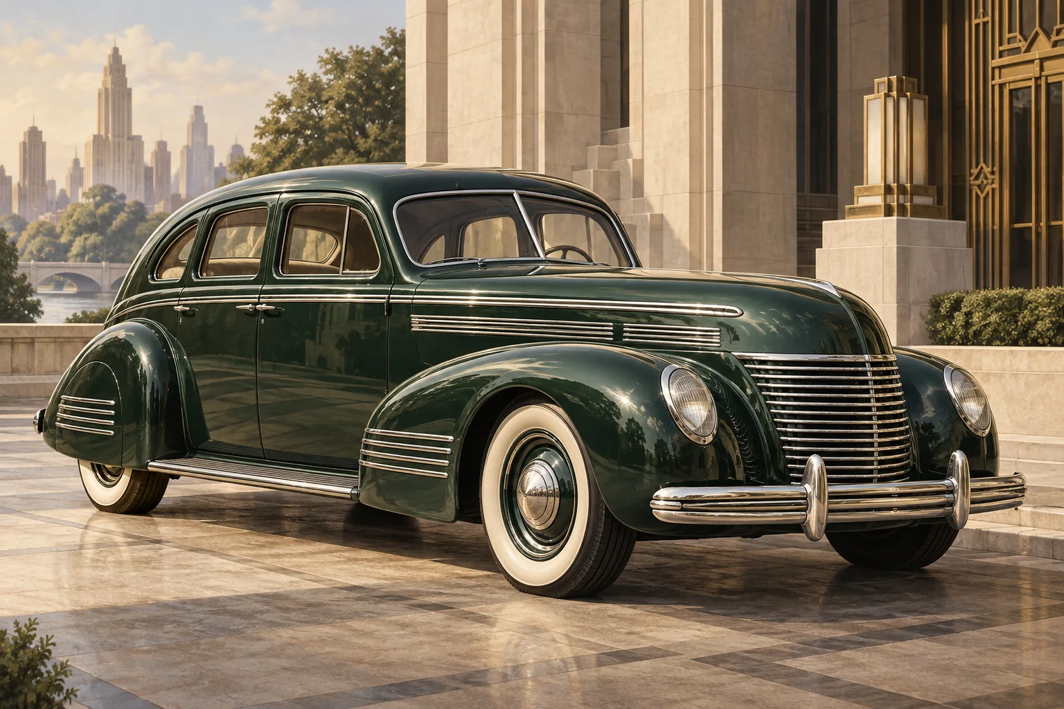 AI illustration of a dark green Chrysler Airflow-inspired sedan beside geometric stone architecture