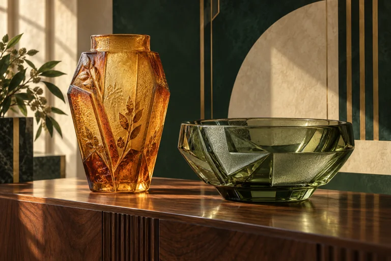 AI illustration of amber and green Art Deco-inspired glass vessels on a walnut console