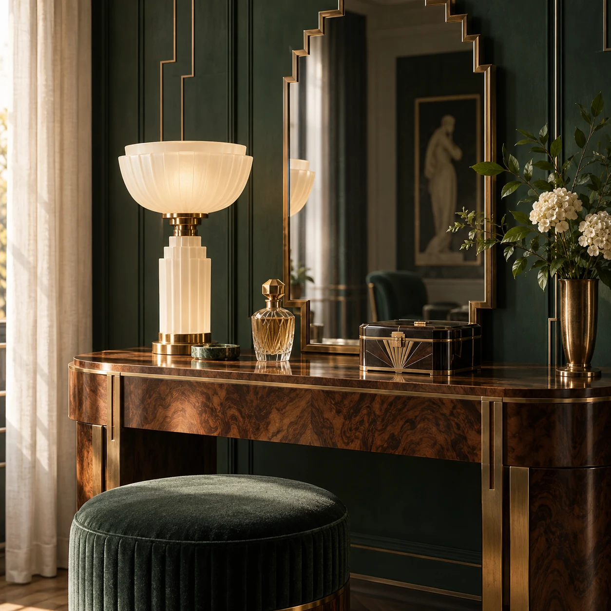 Art Deco-inspired dressing room with walnut console, stepped mirror, opaline lamp and perfume bottle