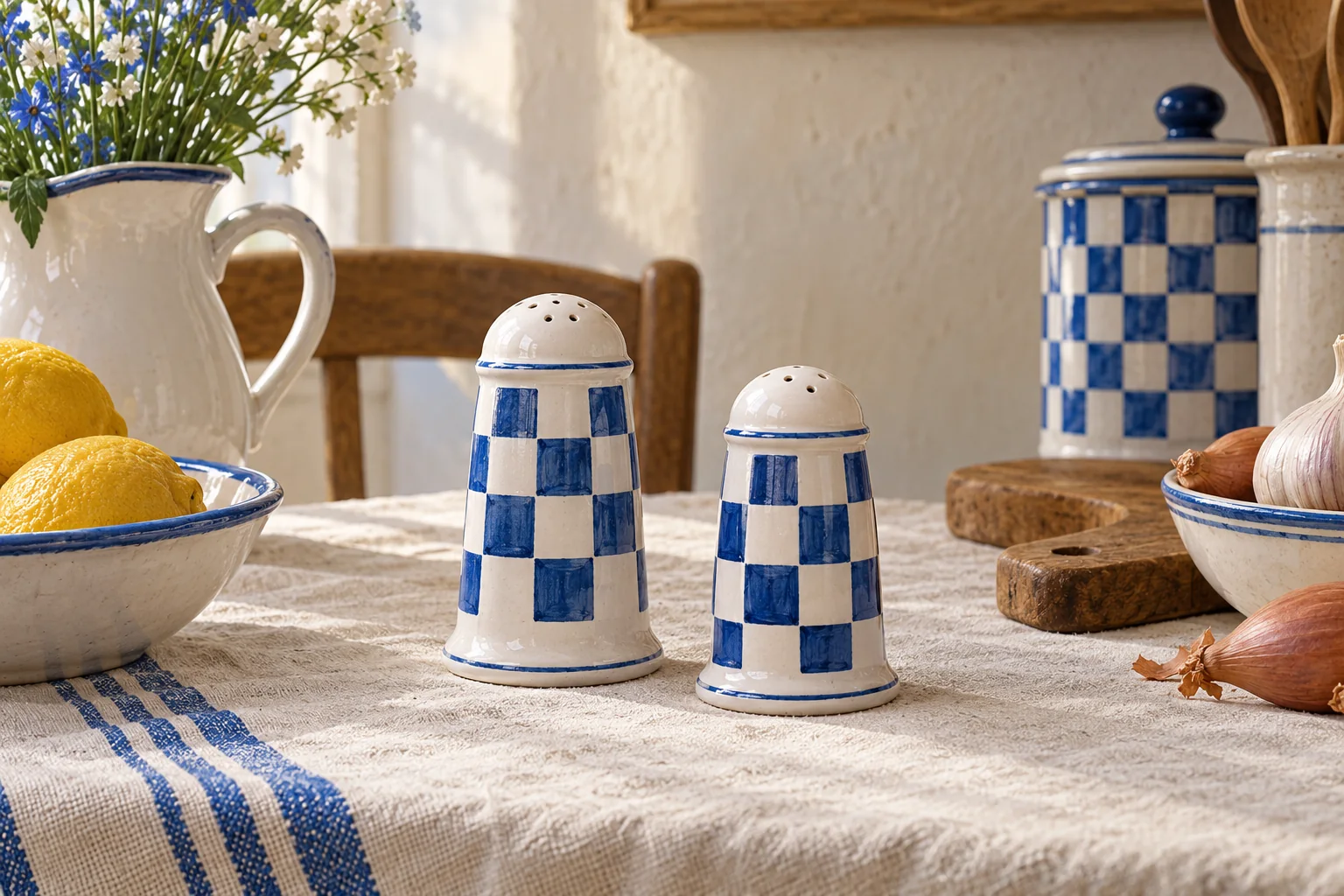 AI illustration of two blue-and-white checkerboard ceramic salt and pepper shakers on a linen-covered table