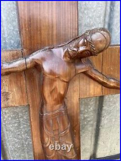 95x70cm Grand Christ Bois Sculpté Art Deco Design Moderniste Crucifix Église