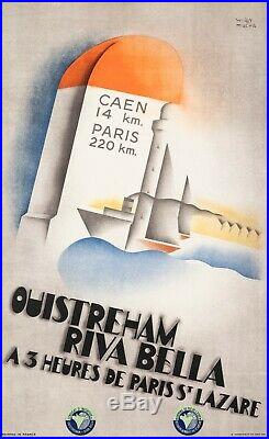 Affiche Originale Art Deco Willy Mucha Ouistreham Normandie Voile 1934