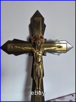 Ancien Crucifix Art-deco Christ En Bronze