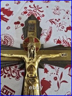 Ancien Crucifix Art-deco Christ En Bronze