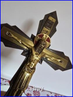Ancien Crucifix Art-deco Christ En Bronze