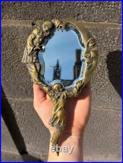 Ancien Miroir à Main de Collection Décor Pierrot et Croissant de Lune Bronze