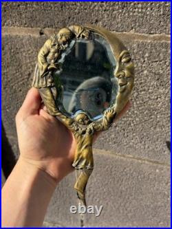 Ancien Miroir à Main de Collection Décor Pierrot et Croissant de Lune Bronze