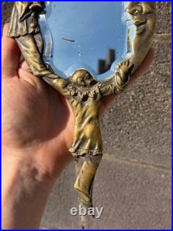 Ancien Miroir à Main de Collection Décor Pierrot et Croissant de Lune Bronze
