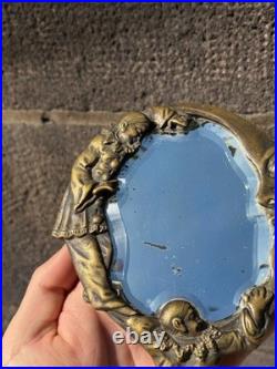 Ancien Miroir à Main de Collection Décor Pierrot et Croissant de Lune Bronze