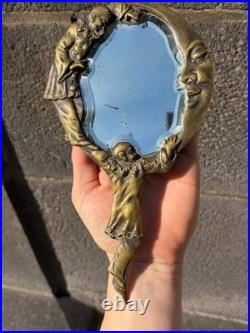 Ancien Miroir à Main de Collection Décor Pierrot et Croissant de Lune Bronze