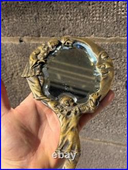 Ancien Miroir à Main de Collection Décor Pierrot et Croissant de Lune Bronze