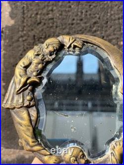 Ancien Miroir à Main de Collection Décor Pierrot et Croissant de Lune Bronze
