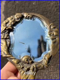 Ancien Miroir à Main de Collection Décor Pierrot et Croissant de Lune Bronze