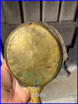 Ancien Miroir à Main de Collection Décor Pierrot et Croissant de Lune Bronze