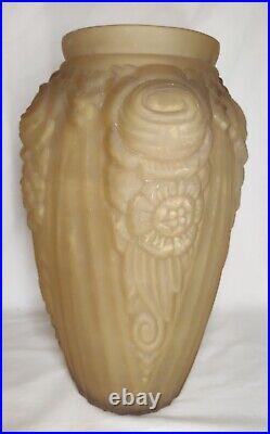 Ancien Vase Opaline Jaune Art Déco Verre Moulé 1930/1940 Collection Rare H 31 Cm