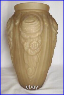 Ancien Vase Opaline Jaune Art Déco Verre Moulé 1930/1940 Collection Rare H 31 Cm