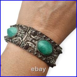 Ancien bracelet Art déco d'exportation chinois en filigrane argenté et cabochons Ancien bracelet Art déco d'exportation chinois en filigrane argenté et cabochons