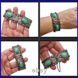 Ancien bracelet Art déco d'exportation chinois en filigrane argenté et cabochons Ancien bracelet Art déco d'exportation chinois en filigrane argenté et cabochons