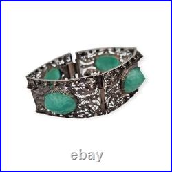 Ancien bracelet Art déco d'exportation chinois en filigrane argenté et cabochons Ancien bracelet Art déco d'exportation chinois en filigrane argenté et cabochons