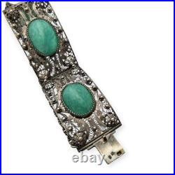 Ancien bracelet Art déco d'exportation chinois en filigrane argenté et cabochons Ancien bracelet Art déco d'exportation chinois en filigrane argenté et cabochons