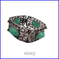 Ancien bracelet Art déco d'exportation chinois en filigrane argenté et cabochons Ancien bracelet Art déco d'exportation chinois en filigrane argenté et cabochons