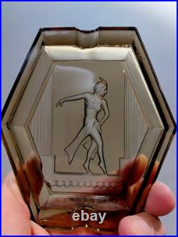 Ancien élégant cendrier en verre art déco avec femme