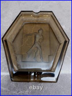 Ancien élégant cendrier en verre art déco avec femme