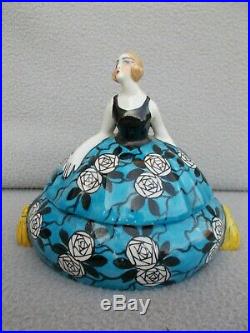 Ancien poudrier boite art deco en porcelaine statuette femme antique powder box