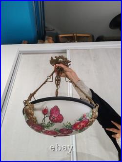 Ancienne Art Déco Lustre suspention Pate De Verre Décor Florale Laiton A Saisir