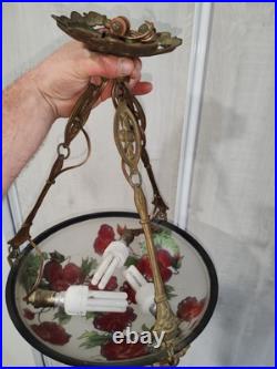 Ancienne Art Déco Lustre suspention Pate De Verre Décor Florale Laiton A Saisir