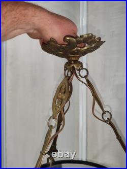 Ancienne Art Déco Lustre suspention Pate De Verre Décor Florale Laiton A Saisir