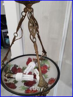 Ancienne Art Déco Lustre suspention Pate De Verre Décor Florale Laiton A Saisir