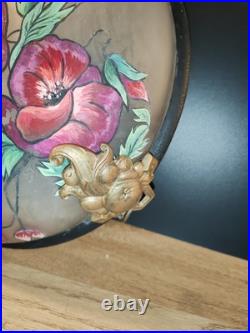 Ancienne Art Déco Lustre suspention Pate De Verre Décor Florale Laiton A Saisir