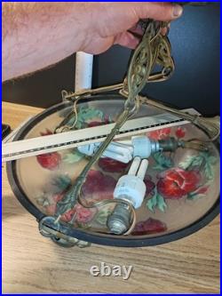 Ancienne Art Déco Lustre suspention Pate De Verre Décor Florale Laiton A Saisir