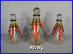 Ancienne Série De Trois Flacons A Parfum Style Art Déco En Verre Émaillé Peint