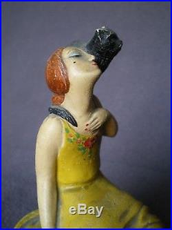 Ancienne boite a Poudre DUCHESNE Femme & chat art deco vintage powder box statue