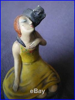Ancienne boite a Poudre DUCHESNE Femme & chat art deco vintage powder box statue