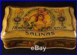 Ancienne boîte publicitaire tôle confiserie Salinas Almendras de Alcala Art Déco