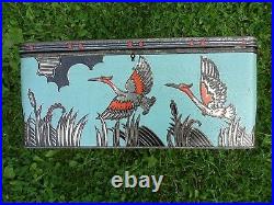 Ancienne boîte tôle fer style Art Déco flamant rose ibis oiseaux roseaux an. 50