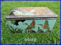 Ancienne boîte tôle fer style Art Déco flamant rose ibis oiseaux roseaux an. 50