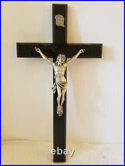 Antique 585ms Art Déco Jésus Inri Catholique Église Ébène Mural Croix Crucifix