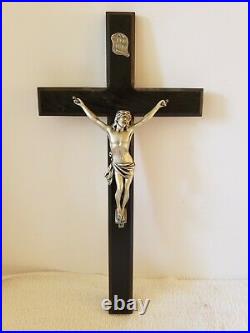 Antique 585ms Art Déco Jésus Inri Catholique Église Ébène Mural Croix Crucifix