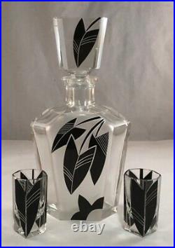 Antique Art Deco Black Enamel Faceted Cut GLASS DECANTER SET Tchécoslovaquie