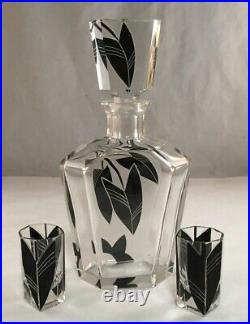Antique Art Deco Black Enamel Faceted Cut GLASS DECANTER SET Tchécoslovaquie