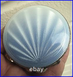 Art Déco Argent Sterling & Déteint Bleu À Blanc Émail Sunburst Compact H/M 1941