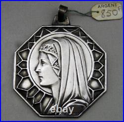 Art Déco Grosse médaille pendentif religieuse en argent massif Vierge Marie