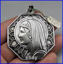 Art Déco Grosse médaille pendentif religieuse en argent massif Vierge Marie