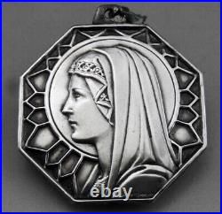 Art Déco Grosse médaille pendentif religieuse en argent massif Vierge Marie