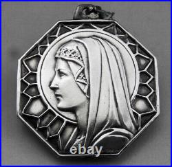 Art Déco Grosse médaille pendentif religieuse en argent massif Vierge Marie